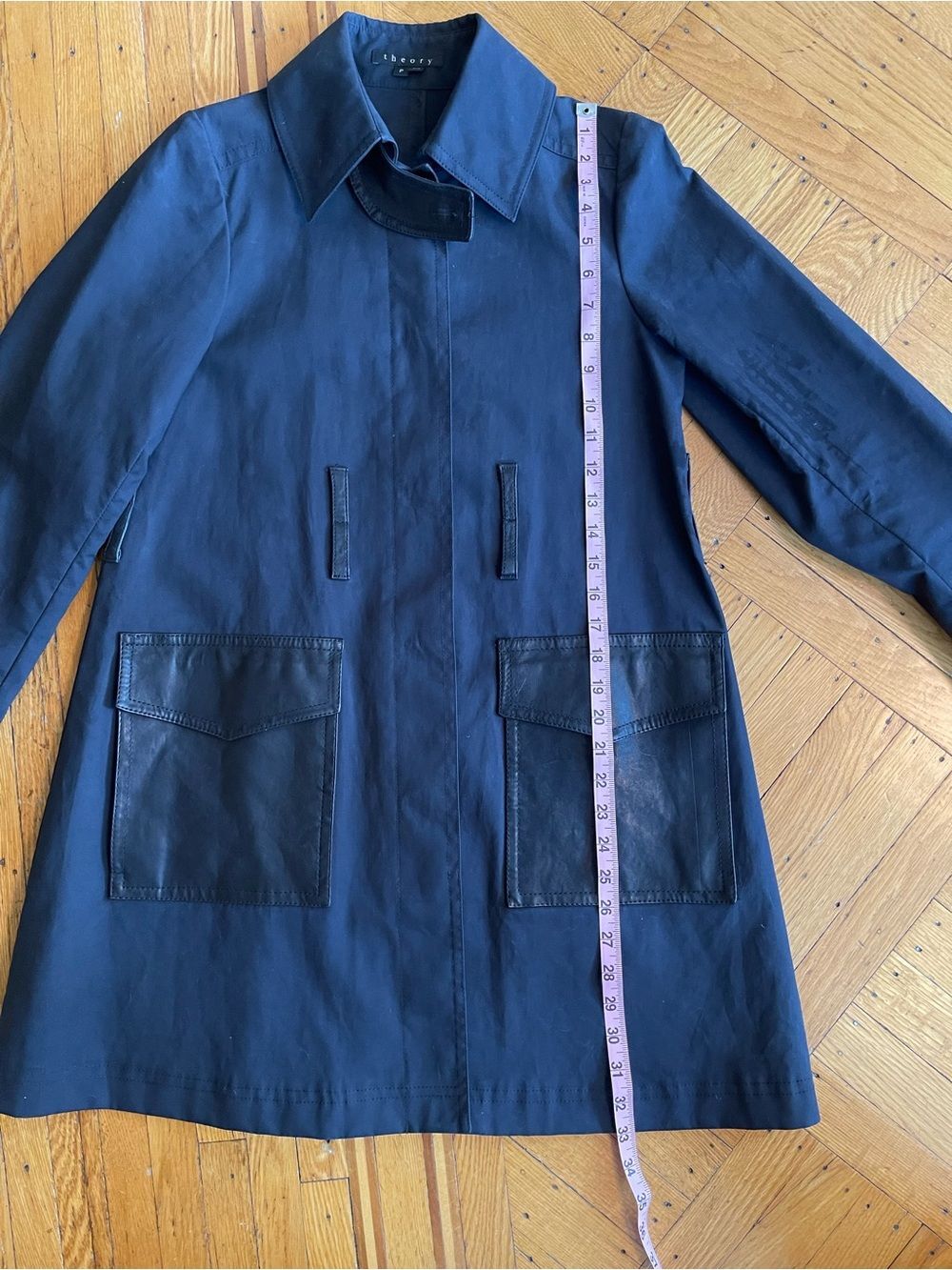 Theory Black Trench Coat P Petite Cotton Leather Trim Minimalist Designer Coat - Picture 8 of 11